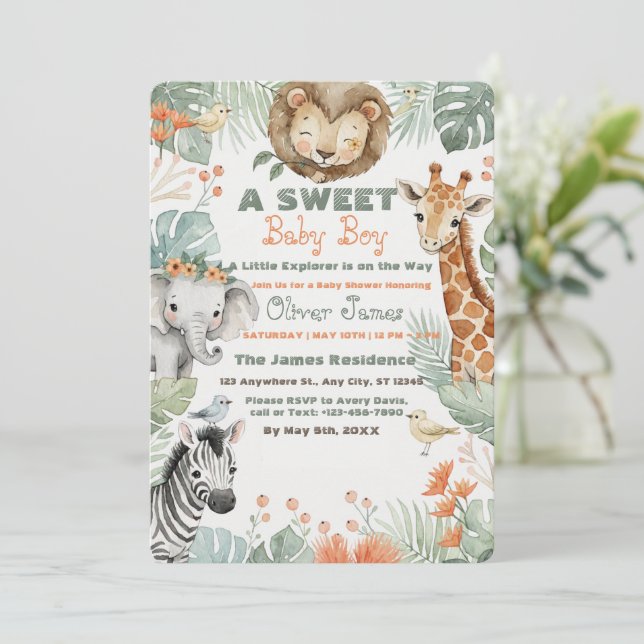 Invitation pour une Fête de Bébé Garçon Safari Tro (Debout devant)