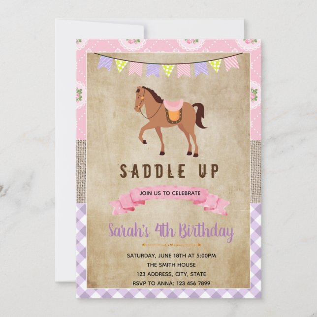 Invitation pour une fête de cheval rose shabby chi (Devant)