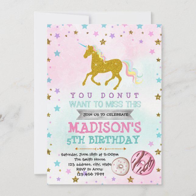 Invitation pour une fête de licorne donut (Devant)