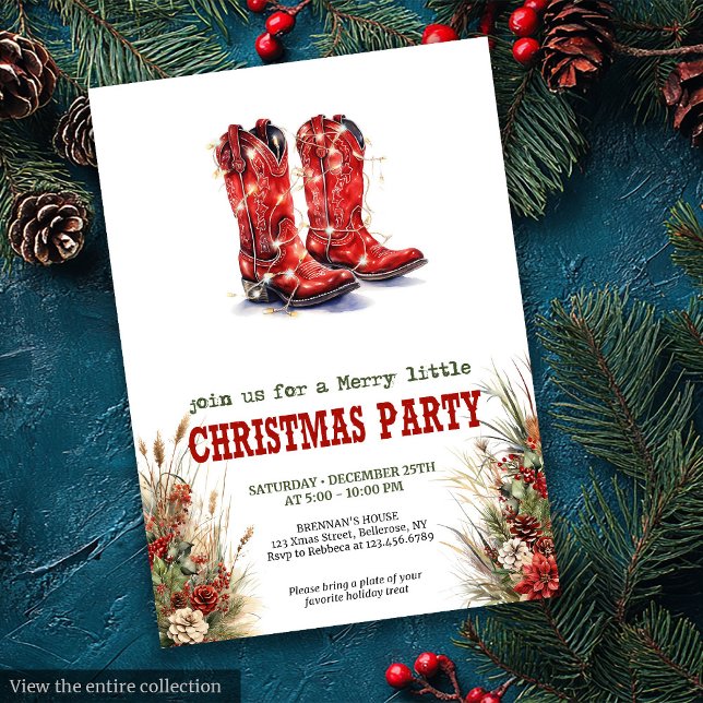 Invitation pour une fête de Noël avec chapeau de c (Cowboy Hat and Boots Christmas Party Invite)