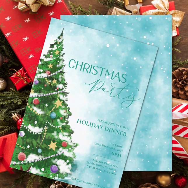 Invitation pour une fête de Noël avec un arbre à l (Blue Watercolor Tree Christmas Party Invitation)