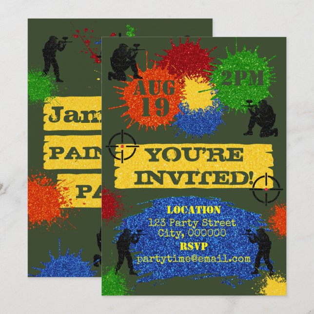 Invitation pour une fête de paintball à paillettes (Devant / Derrière)