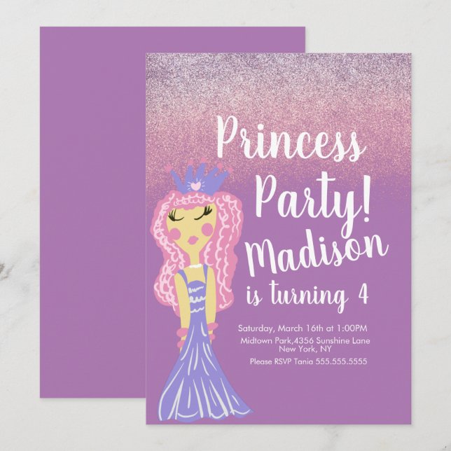 Invitation pour une fête de princesse mignonne en  (Devant / Derrière)