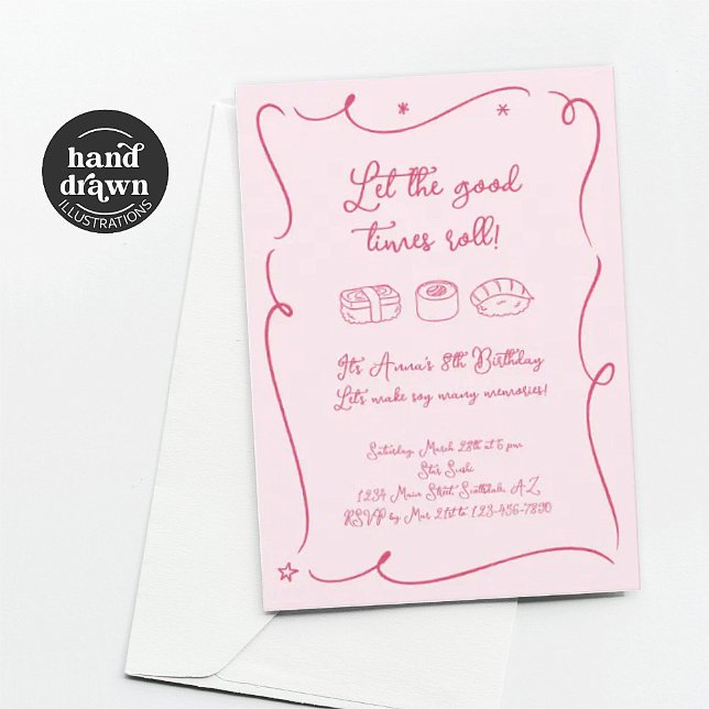 Invitation pour une fête de sushi pour filles rose (Créateur téléchargé)