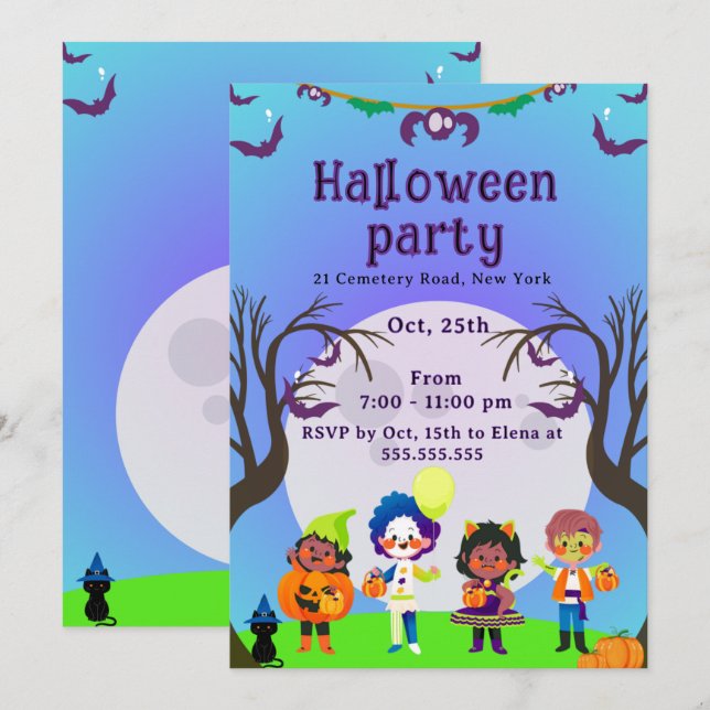 Invitation pour une fête d'Halloween pour enfants  (Devant / Derrière)