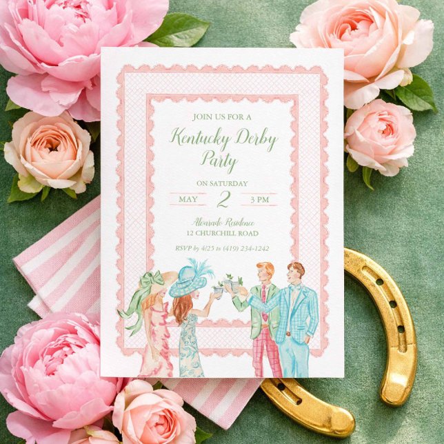 Invitation pour une fête du Kentucky Derby, design (Elegant Kentucky Derby party invitation with roses, gold horseshoe, and garden greens)