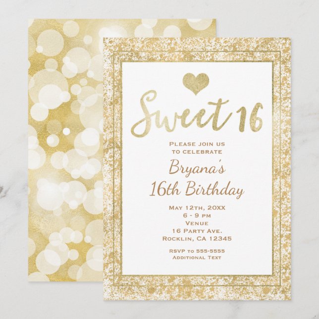 Invitation pour une fête Glam Cœur Blanc & Or SWEE (Devant / Derrière)