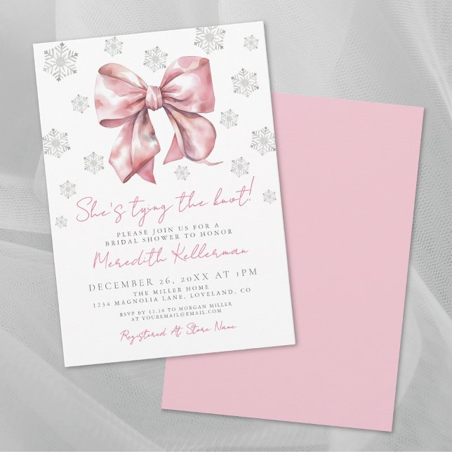 Invitation pour une fête prénuptiale d'hiver avec  (Pink Bow Winter Bridal Shower Invitation)