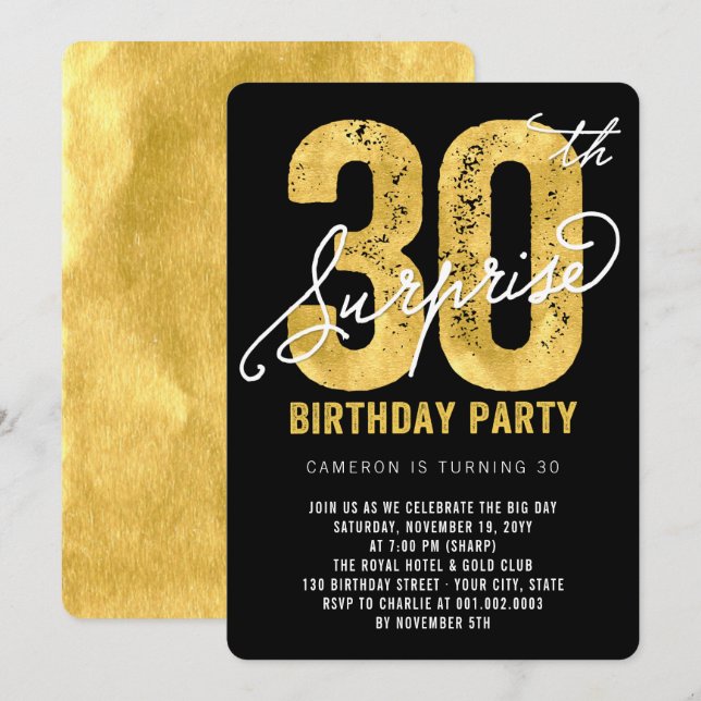 Invitation pour une fête surprise pour 30 ans avec (Devant / Derrière)