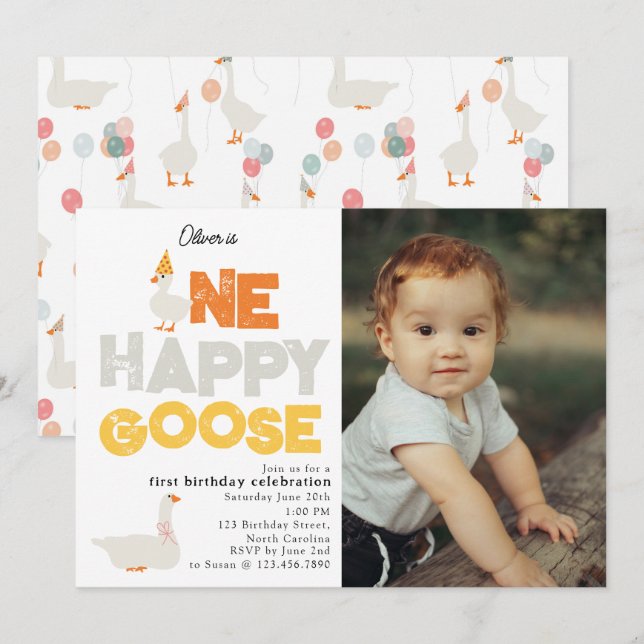 Invitation pour une joyeuse oie pour un 1er annive (Devant / Derrière)