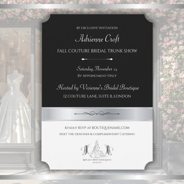 Invitation pour une présentation de collection de  (Luxury bridal boutique trunk show invitation template with modern black & silver color blocking.)