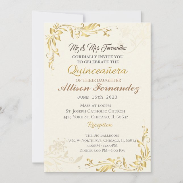 Invitation pour une Quinceañera en or (Devant)
