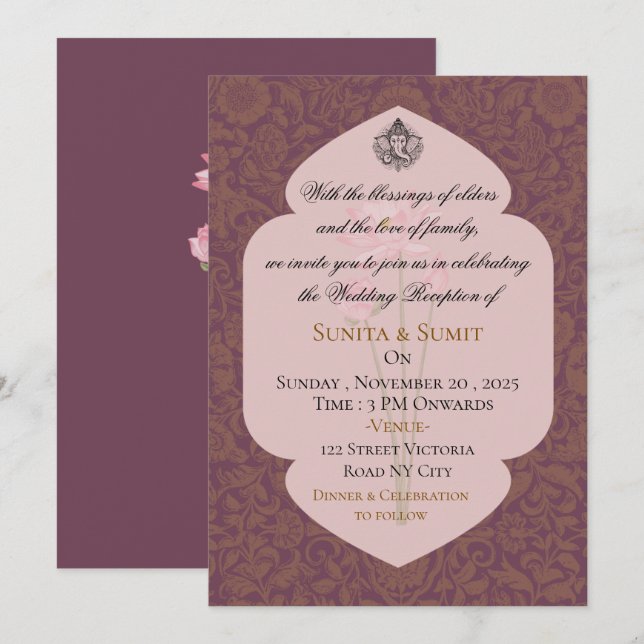 Invitation pour une réception de mariage indien de (Devant / Derrière)