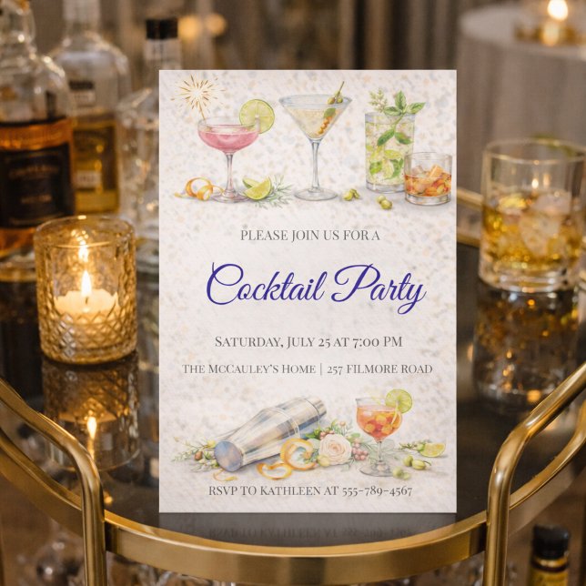 Invitation pour une soirée cocktail écriture bleue (Blue script cocktail night with citrus drinks and modern bar gathering vibe)