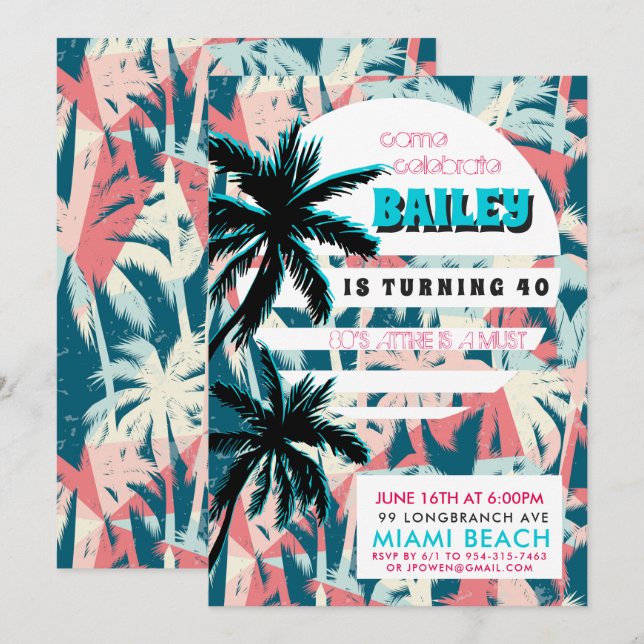 Invitation pour une soirée d'anniversaire à Miami  (Devant / Derrière)