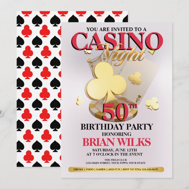 Invitation pour une soirée de casino d'anniversair (Devant / Derrière)