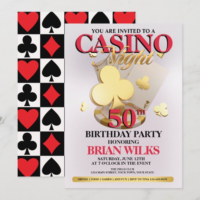 Invitation pour une soirée de casino d'anniversair (Devant / Derrière)
