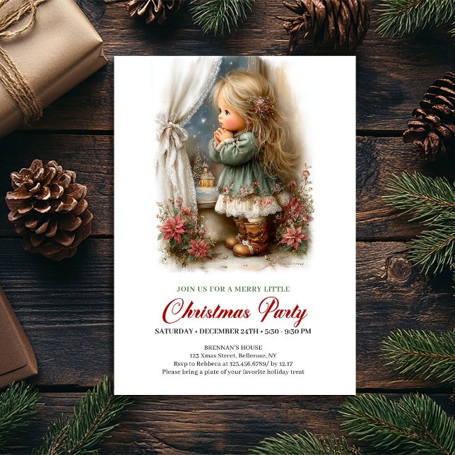 Invitation pour une Soirée de Noël Jolie Fille Scè (Christmas Social Invite Cute Girl Winter Scene Art)