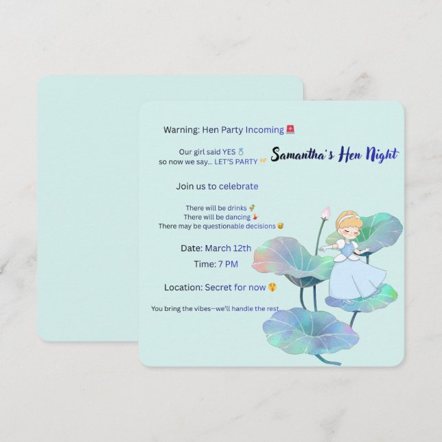 Invitation pour une Soirée de Poule Fun Blue – Ill (Devant / Derrière)