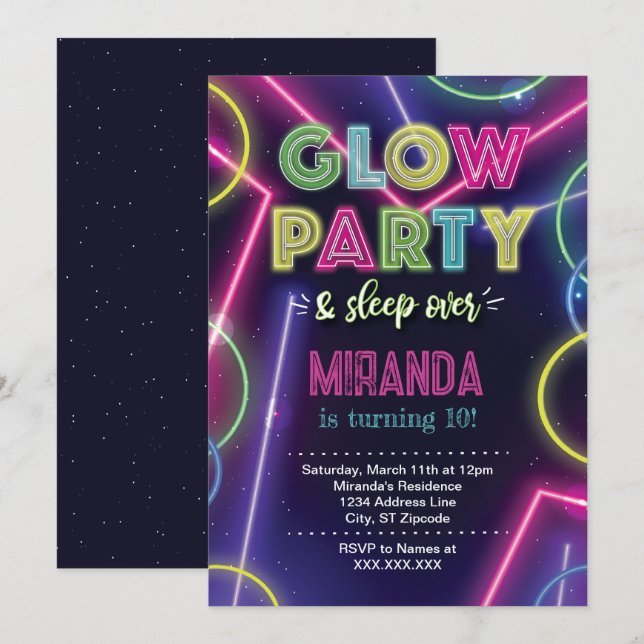 Invitation pour une soirée Glow Party, soirée dans (Devant / Derrière)