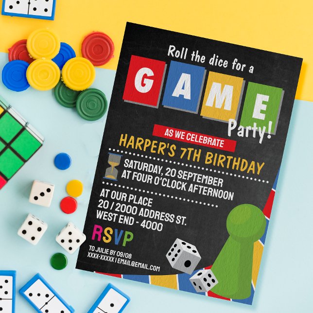 Invitation pour une soirée jeux de société  (Board Game Party - Get ready to level up the celebration as we roll the dice, spin the spinner!)