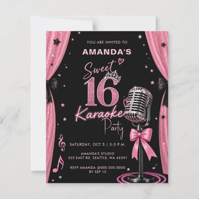 Invitation pour une soirée karaoke glamour rose po (Devant)