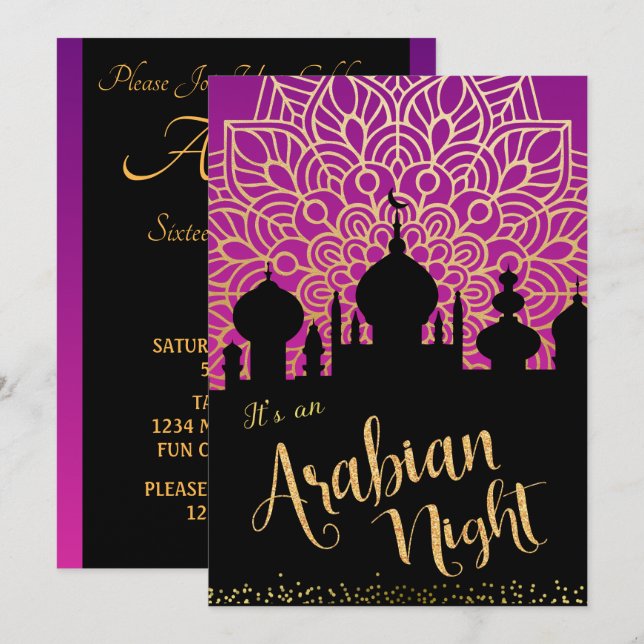 Invitation pour une soirée Nuit Arabe violet et no (Devant / Derrière)
