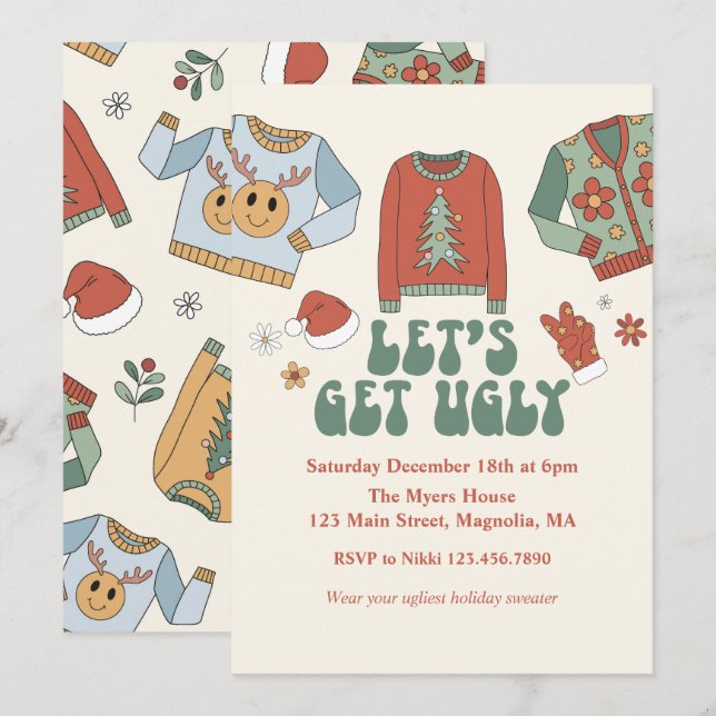 Invitation pour une soirée pull de Noël moche rétr (Devant / Derrière)