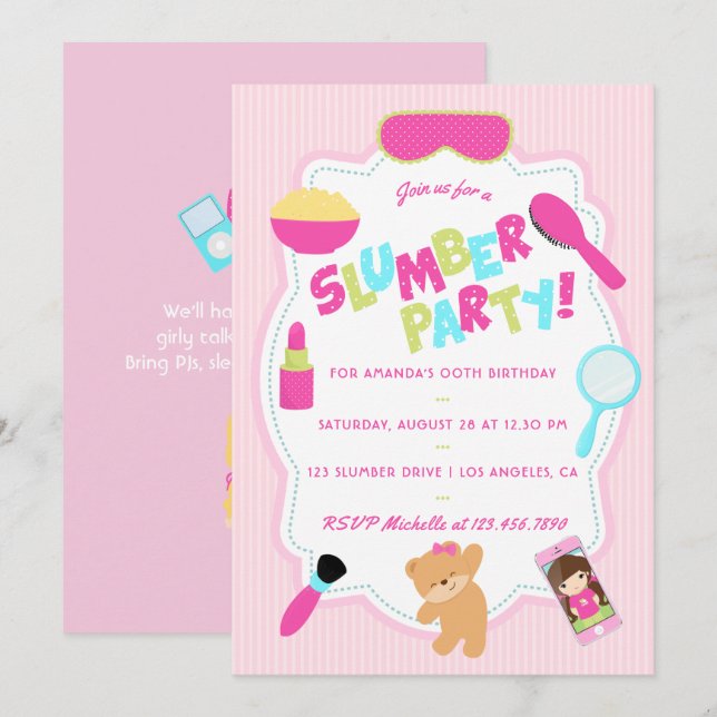 Invitation pour une soirée pyjama d'anniversaire d (Devant / Derrière)