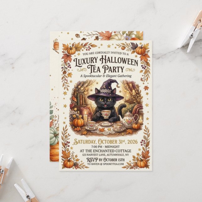 Invitation pour une soirée thé Halloween Chat Noir (Devant/Arrière en situation)