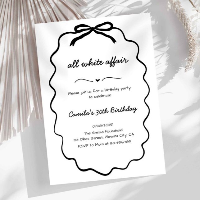 Invitation pour une soirée tout en blanc minimalis (all white party invitation, minimalist birthday invite, elegant birthday invitation, black and white)
