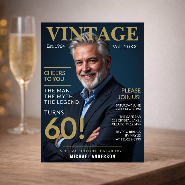 Invitation pour vos 60 ans : À votre santé ! (Elegant navy and gold 60th birthday invitation styled for a meaningful milestone celebration)