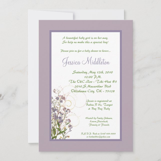 invitation pourpre de baby shower de fleur de (Devant)