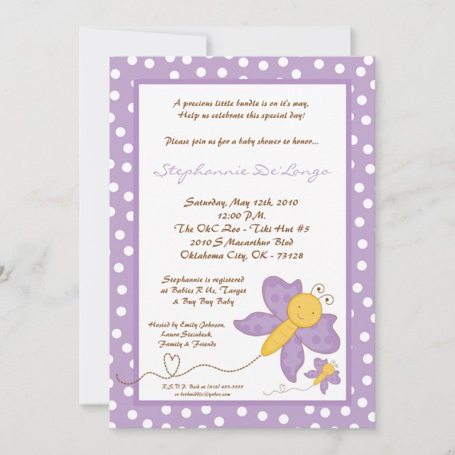 invitation pourpre de baby shower de papillon du (Devant)