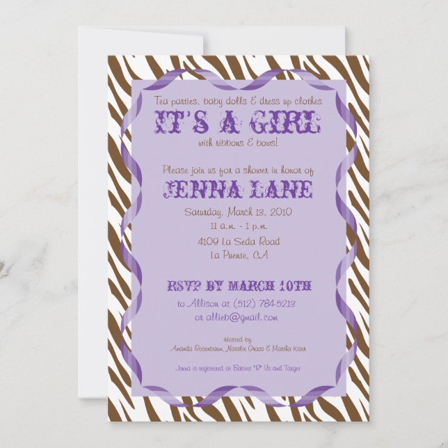 Invitation pourpre de baby shower de ruban (Devant)
