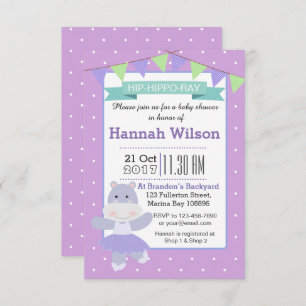 Invitation pourpre de baby shower d'hippopotame de
