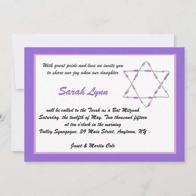 Invitation pourpre de bat mitzvah d'étoile perlée (Devant)