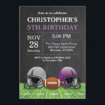 Invitation Pourpre de fête d'anniversaire d'invitation<br><div class="desc">Fête d'anniversaire d'invitation d'anniversaire du football. Invitation de fête d'anniversaire de garçon ou de fille. Coup orienté d'anniversaire de sport du football. Lavande lilas pourpre et blanc. Arrière - plan de tableau. ęr Premier anniversaire. ęr 2ème 3ème 4ème 5ème 6ème 7ème 8ème 9ème 10ème 11ème 12ème 13ème 14ème 15ème, tout...</div>