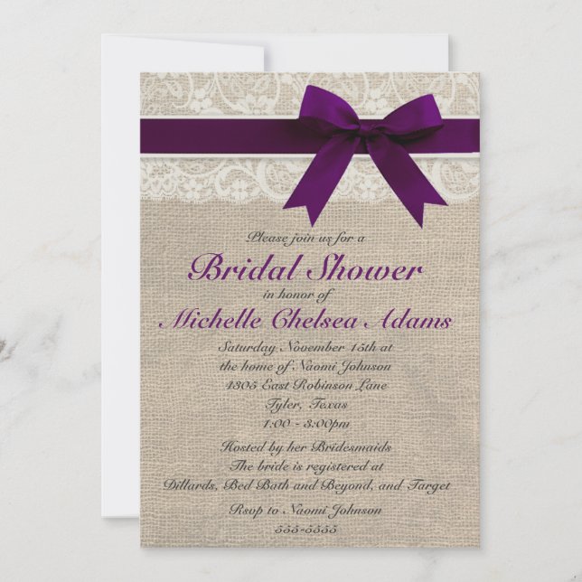 Invitation pourpre de Fête de la mariée de toile (Devant)
