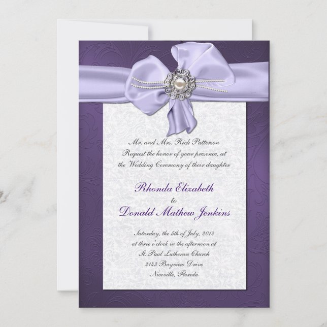 Invitation pourpre de mariage damassé (Devant)
