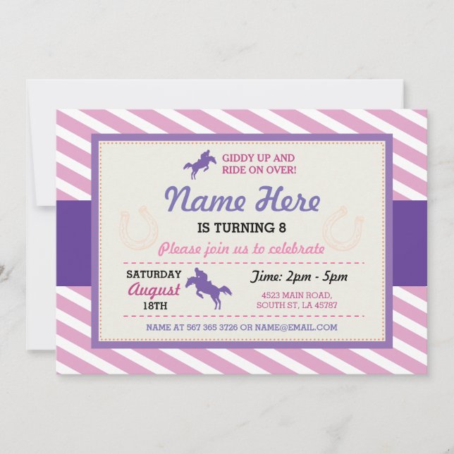 Invitation pourpre de poney de rayure de rose (Devant)