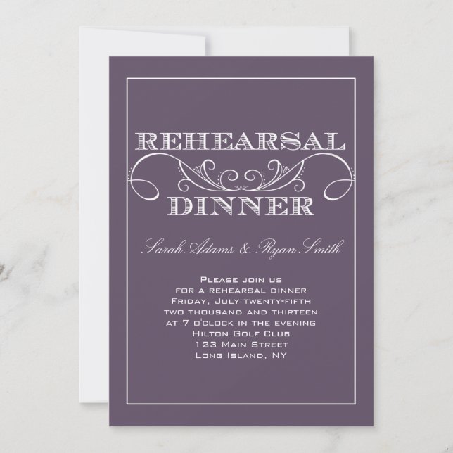 Invitation pourpre élégante de dîner de répétition (Devant)