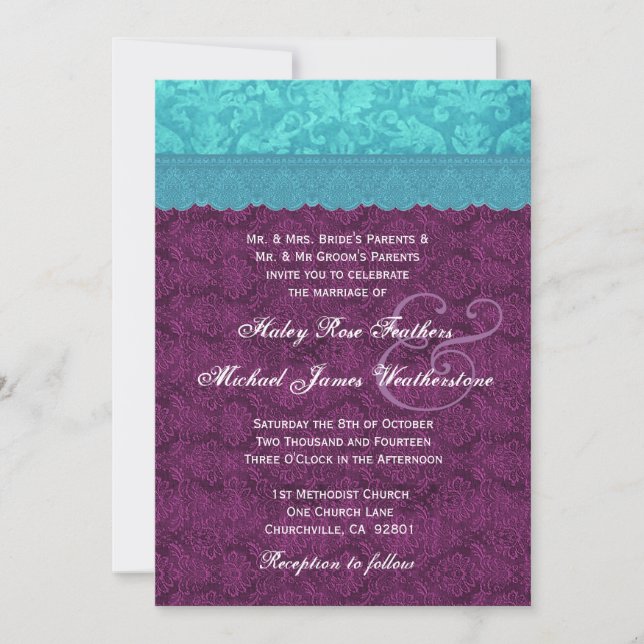 Invitation Pourpre et Aqua mariage damassé bleu G500C (Devant)