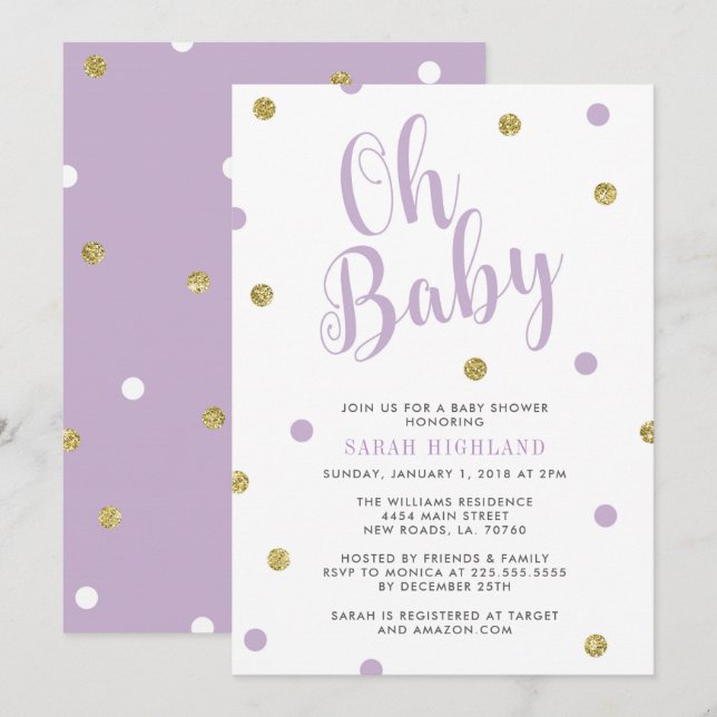 Invitation Pourpre et baby shower de parties scintillantes (Devant / Derrière)