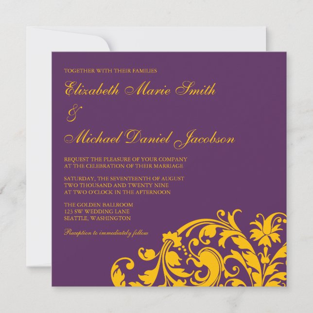 Invitation Pourpre et mariage de remous de Flourish d'or (Devant)