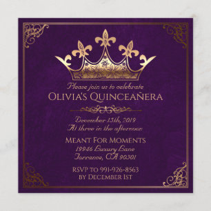 Invitation Pourpre et or Quinceanera royal