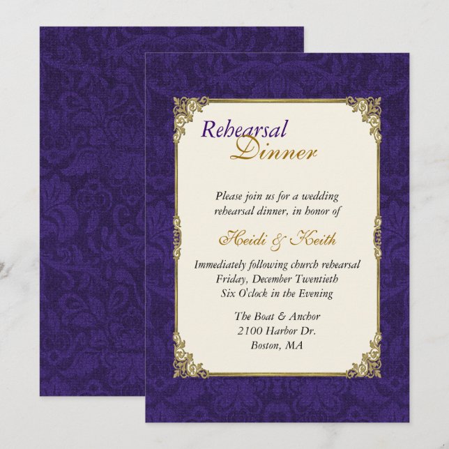 Invitation pourpre et vintage de dîner de (Devant / Derrière)