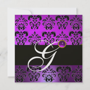 INVITATION POURPRE NOIR DAMAS MONOGRAMME AMÉTHYSTE BLANC GLAC