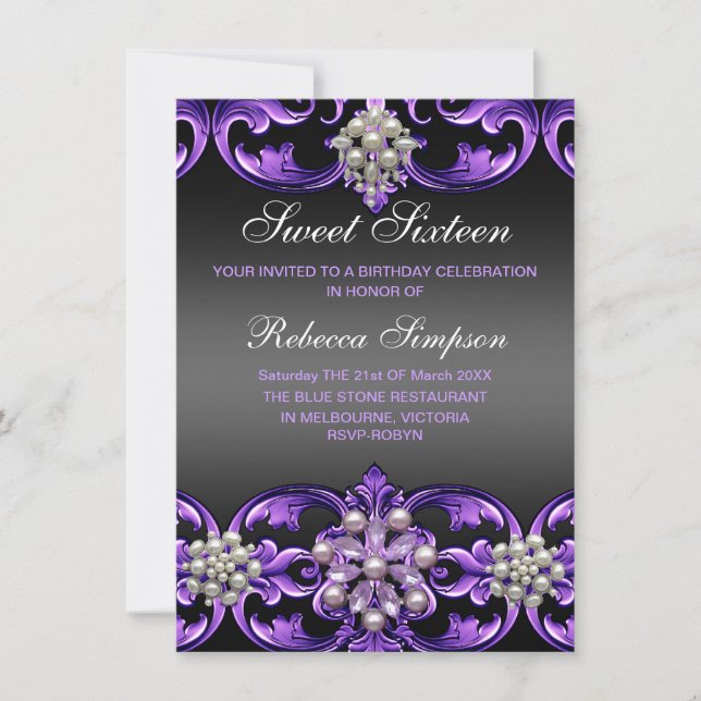 Invitation pourpre/noir Damas & Pearl Sweet16 (Devant)