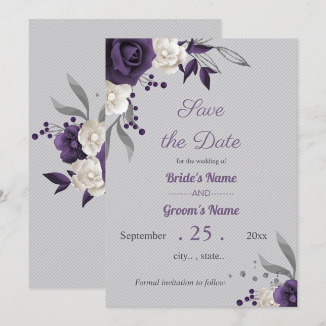 Invitation pourpre poussiéreux et fleurs blanches gris enregi (Devant / Derrière)